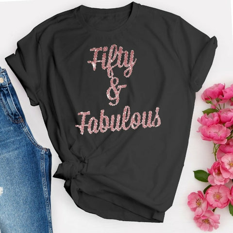Fifty 🌺 AND FABULOUS Rose Gold Glitter Tee Shirt